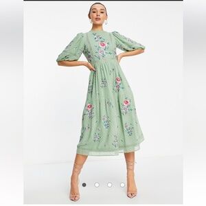 Asos Design Dobby Floral Embroidered Midi Dress high neck lace trims soft green